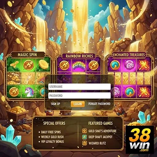 Ilustração de Explore Slots e Serviços VIP no 38win